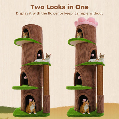 Forest Cat Tree with Flower Condos, Cute Tall Cat Tower with Scratching Posts & Padded Perch, Multi-Level Kitty Activity Center for Indoor Cats, Indoor Jungle Gym Furniture