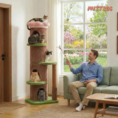 Forest Cat Tree with Flower Condos, Cute Tall Cat Tower with Scratching Posts & Padded Perch, Multi-Level Kitty Activity Center for Indoor Cats, Indoor Jungle Gym Furniture