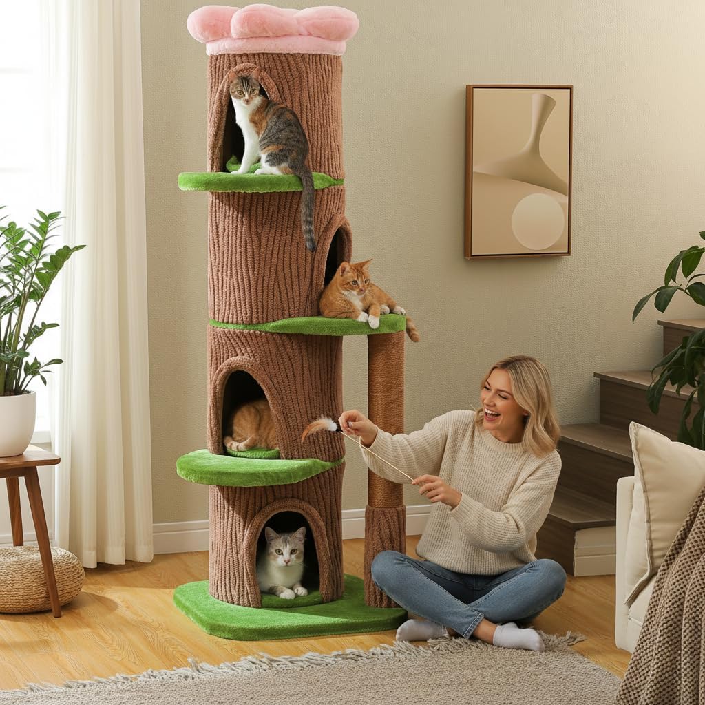 Forest Cat Tree with Flower Condos, Cute Tall Cat Tower with Scratching Posts & Padded Perch, Multi-Level Kitty Activity Center for Indoor Cats, Indoor Jungle Gym Furniture