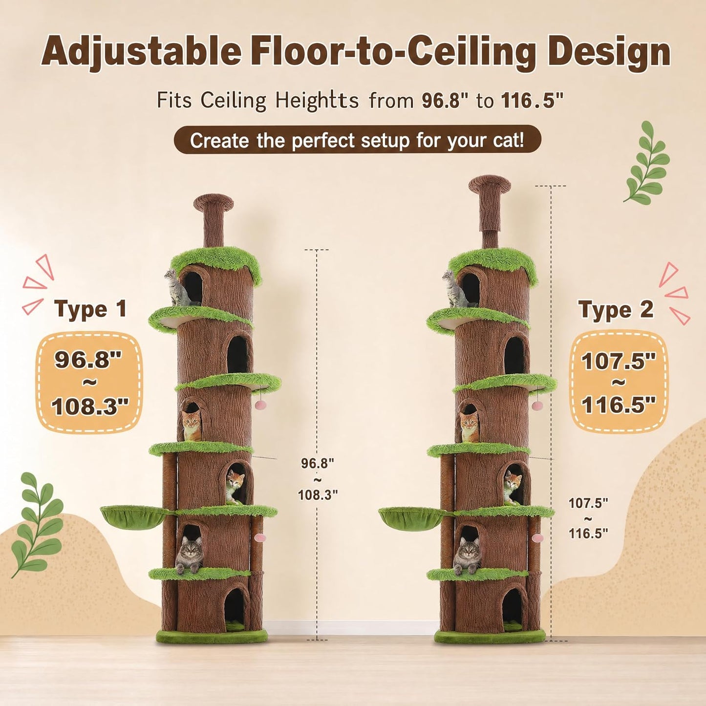 Forest Cat Tree with Flower Condos, Cute Tall Cat Tower with Scratching Posts & Padded Perch, Multi-Level Kitty Activity Center for Indoor Cats, Indoor Jungle Gym Furniture