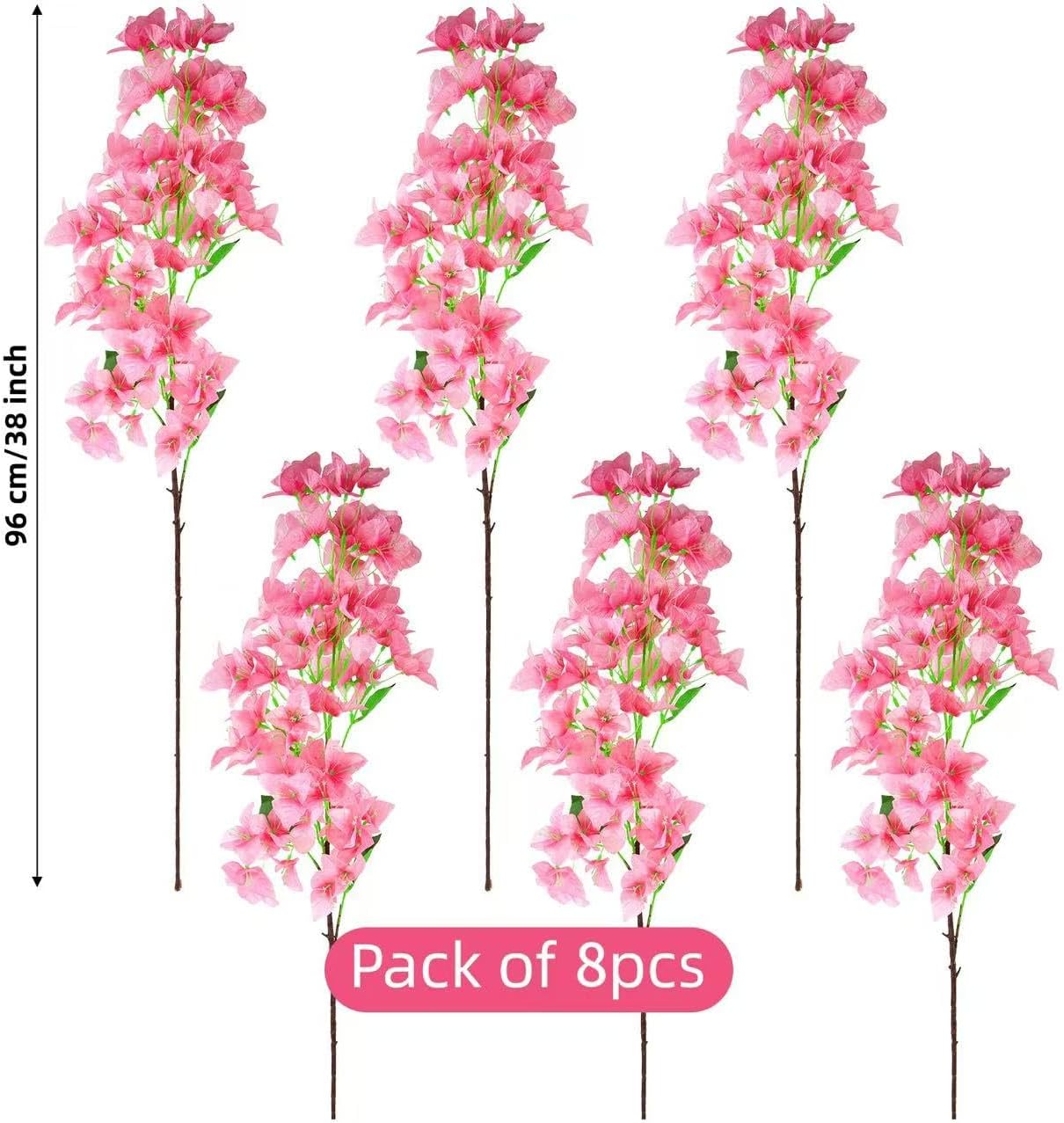 8PCS Silk Bougainvillea Artificial Flowers, UV Resistant, 48 Branches, Long Stems Faux Flower, Realistic Fake Bougainvillea Vines, for Wedding Porch Home Party Garden DIY Decor - 38 inch (Fuchsia)