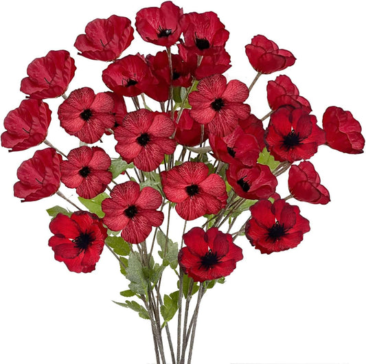 24 Blooms Artificial Poppy Flowers, 8PCS Long Stem Red Faux Poppies, 27.5"/70cm Silk Poppy Flowers with Stems,Red Poppies for Memorial Day Wedding Home Decor Office Party Centerpieces