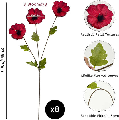 24 Blooms Artificial Poppy Flowers, 8PCS Long Stem Red Faux Poppies, 27.5"/70cm Silk Poppy Flowers with Stems,Red Poppies for Memorial Day Wedding Home Decor Office Party Centerpieces
