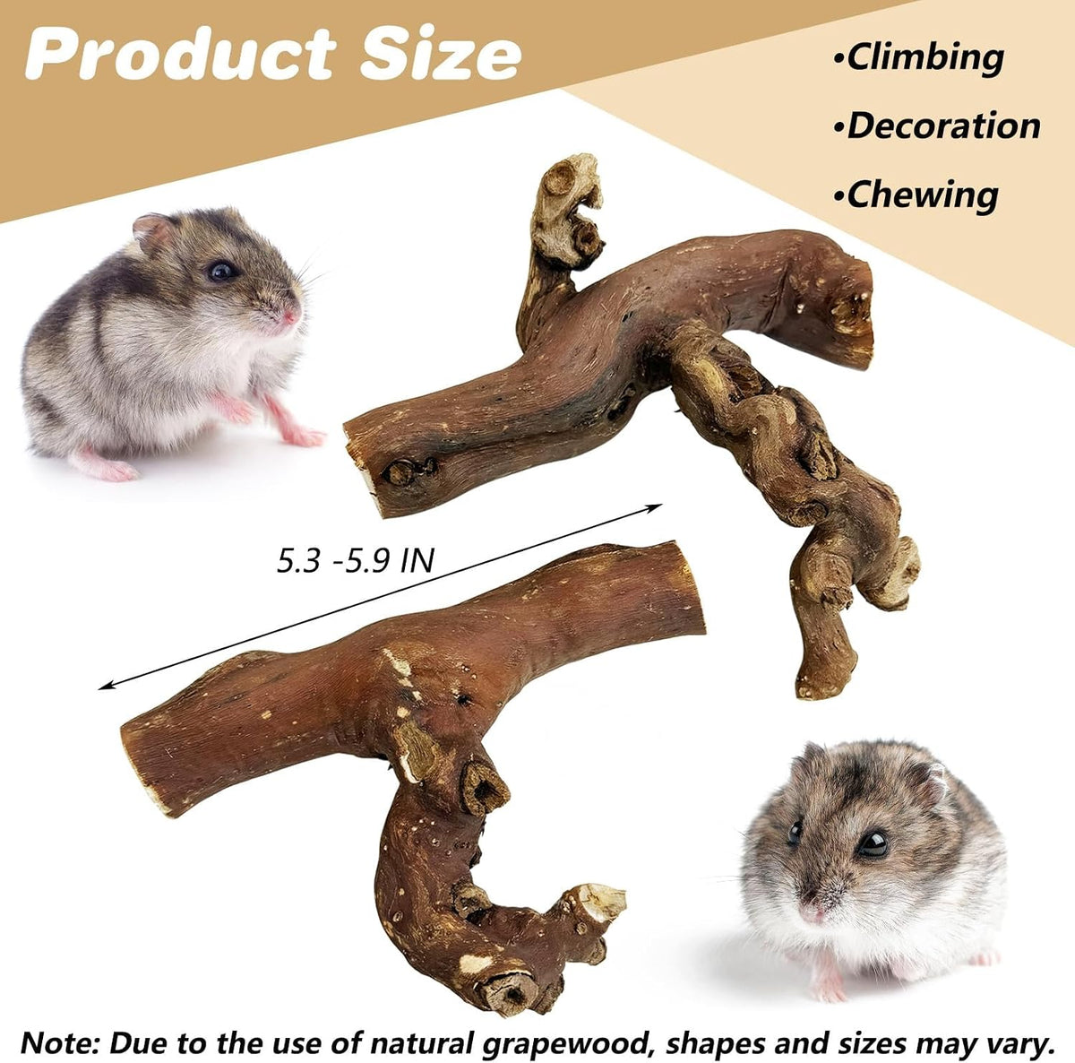 2 PCS Wooden Hamster Climbing Branches 5.9 in Natural Grapevine Syrian Hamster Chewing Toys Small Animal Habitat Decor Accessories for Gerbils Mice Rat and Dwarf Pets