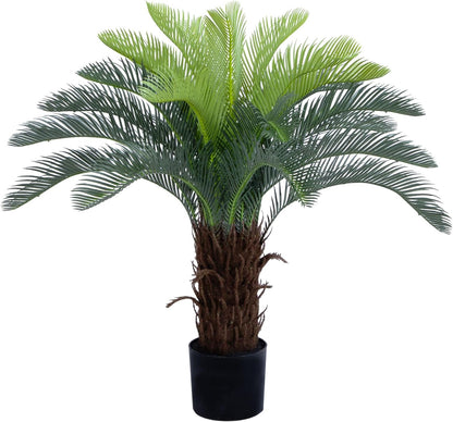 3ft UV Resistant Faux Sago Palm Tree with Natural & Lifelike Bark, 35in Super Full Artificial Cycad Tree with Realistic Leaves, for Home Office Patio Porch Front Door Decor.