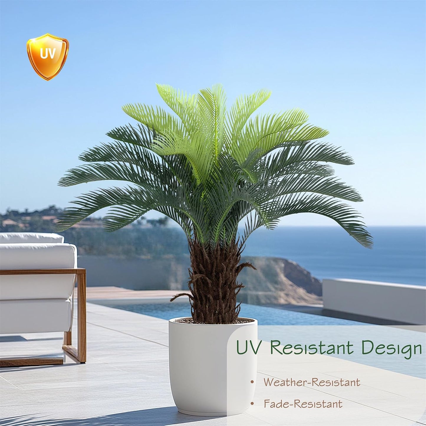 3ft UV Resistant Faux Sago Palm Tree with Natural & Lifelike Bark, 35in Super Full Artificial Cycad Tree with Realistic Leaves, for Home Office Patio Porch Front Door Decor.