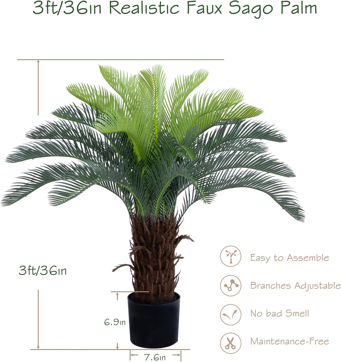 3ft UV Resistant Faux Sago Palm Tree with Natural & Lifelike Bark, 35in Super Full Artificial Cycad Tree with Realistic Leaves, for Home Office Patio Porch Front Door Decor.