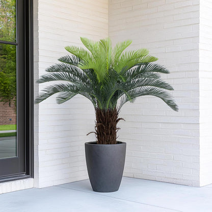 3ft UV Resistant Faux Sago Palm Tree with Natural & Lifelike Bark, 35in Super Full Artificial Cycad Tree with Realistic Leaves, for Home Office Patio Porch Front Door Decor.