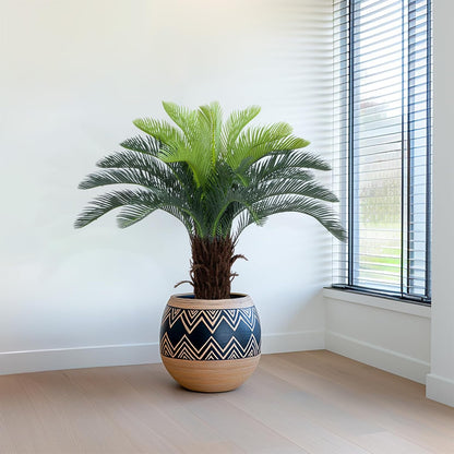3ft UV Resistant Faux Sago Palm Tree with Natural & Lifelike Bark, 35in Super Full Artificial Cycad Tree with Realistic Leaves, for Home Office Patio Porch Front Door Decor.
