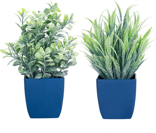 2 Pack Fake Plants in Pot Small Artificial Eucalyptus Potted Plant Faux Rosemary in Pot Greenery for Home Decor Indoor Office Shelf Table Desk Bathroom Decoration (Blue-2)