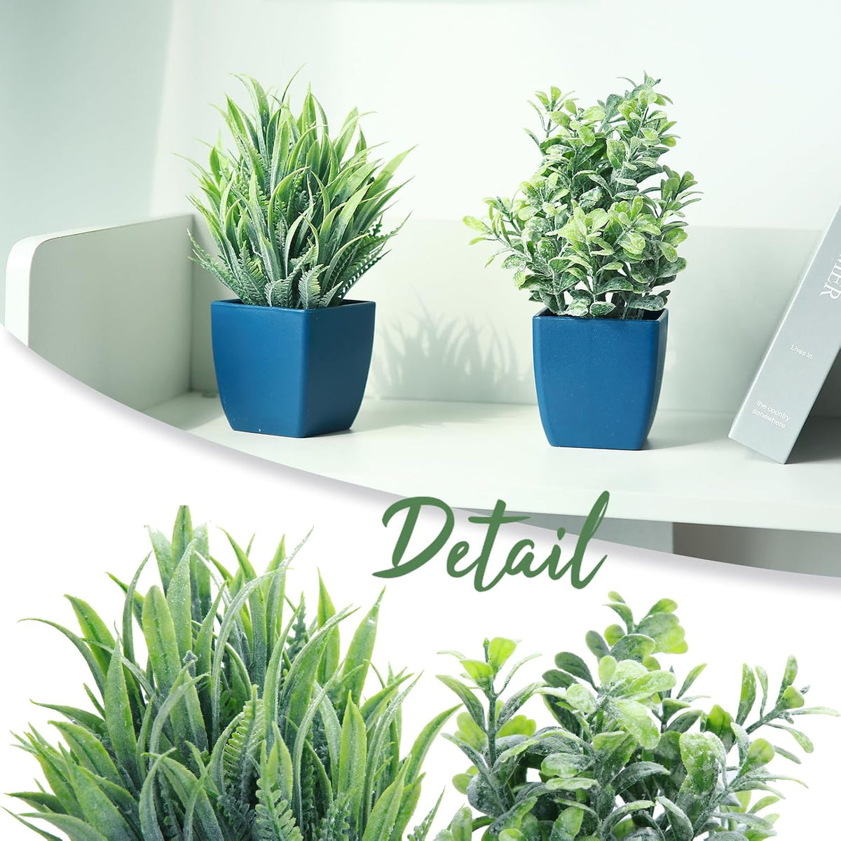 2 Pack Fake Plants in Pot Small Artificial Eucalyptus Potted Plant Faux Rosemary in Pot Greenery for Home Decor Indoor Office Shelf Table Desk Bathroom Decoration (Blue-2)