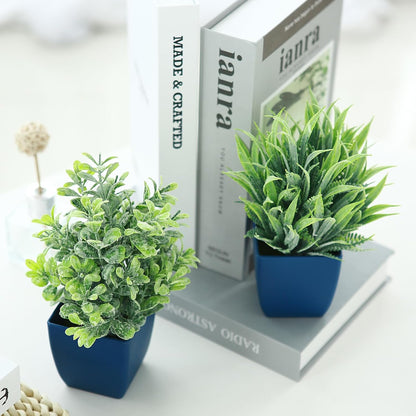 2 Pack Fake Plants in Pot Small Artificial Eucalyptus Potted Plant Faux Rosemary in Pot Greenery for Home Decor Indoor Office Shelf Table Desk Bathroom Decoration (Blue-2)
