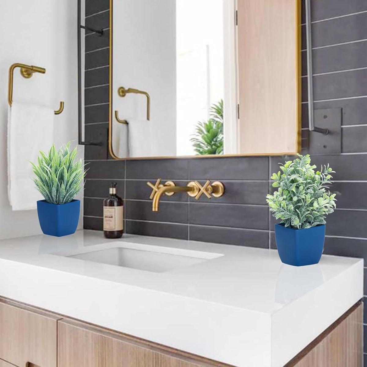 2 Pack Fake Plants in Pot Small Artificial Eucalyptus Potted Plant Faux Rosemary in Pot Greenery for Home Decor Indoor Office Shelf Table Desk Bathroom Decoration (Blue-2)