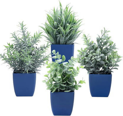 2 Pack Fake Plants in Pot Small Artificial Eucalyptus Potted Plant Faux Rosemary in Pot Greenery for Home Decor Indoor Office Shelf Table Desk Bathroom Decoration (Blue-2)