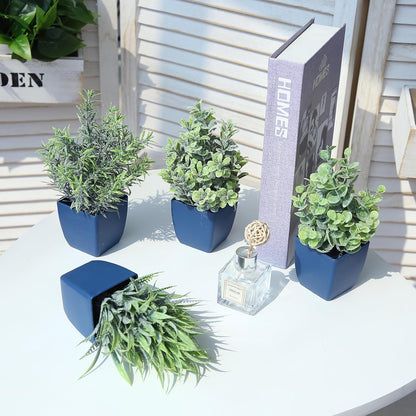 2 Pack Fake Plants in Pot Small Artificial Eucalyptus Potted Plant Faux Rosemary in Pot Greenery for Home Decor Indoor Office Shelf Table Desk Bathroom Decoration (Blue-2)
