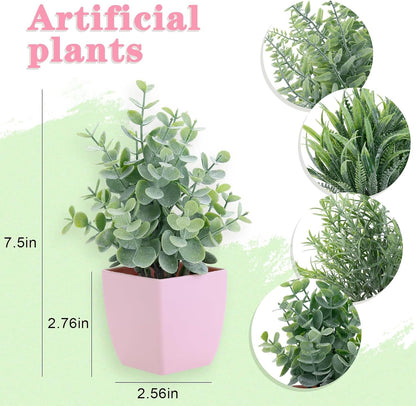 2 Pack Fake Plants in Pot Small Artificial Eucalyptus Potted Plant Faux Rosemary in Pot Greenery for Home Decor Indoor Office Shelf Table Desk Bathroom Decoration (Blue-2)