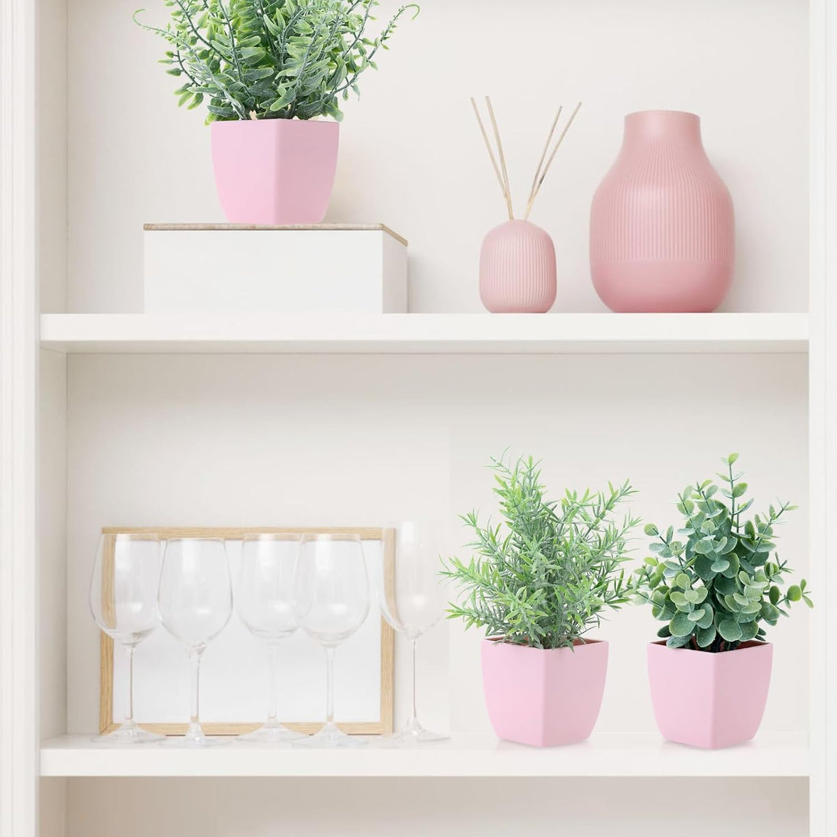 2 Pack Fake Plants in Pot Small Artificial Eucalyptus Potted Plant Faux Rosemary in Pot Greenery for Home Decor Indoor Office Shelf Table Desk Bathroom Decoration (Blue-2)