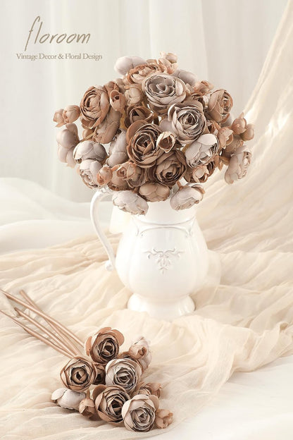 Ranunculus Artificial Flowers 18 Pcs Dusty Rose Faux Silk Mini Ranunculus Bulk Fake Wedding Filler Flowers for DIY Bouquets, Centerpieces, Bridal Shower Decorations & Arrangements