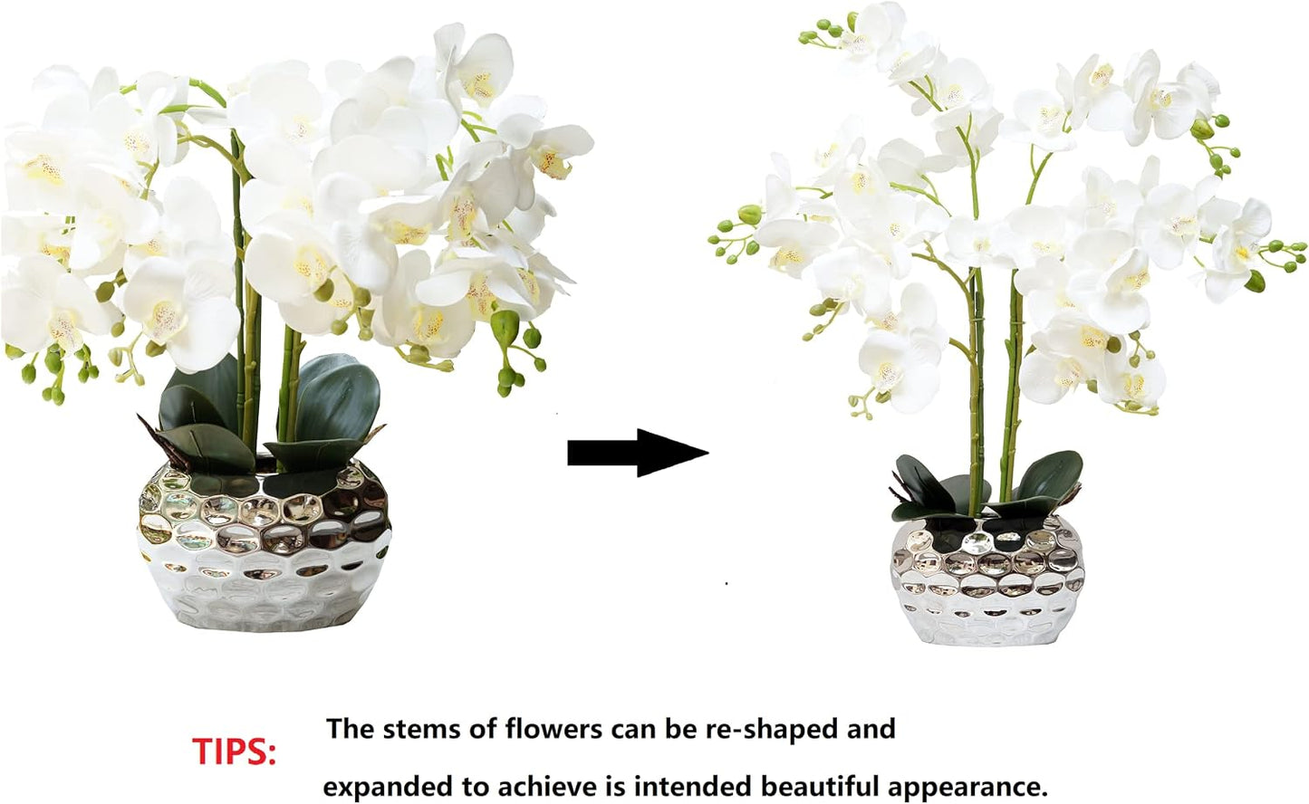 Orchid Artificial Flowers for Home Decor, Faux Orchids with Silver Vase Phalaenopsis Fake Flowers Real Touch Flowers Plants White Orquideas Arrangements in Pot Table Centerpiece Decoration