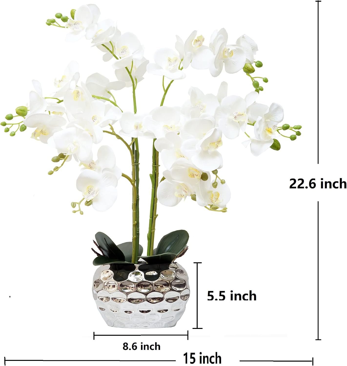 Orchid Artificial Flowers for Home Decor, Faux Orchids with Silver Vase Phalaenopsis Fake Flowers Real Touch Flowers Plants White Orquideas Arrangements in Pot Table Centerpiece Decoration