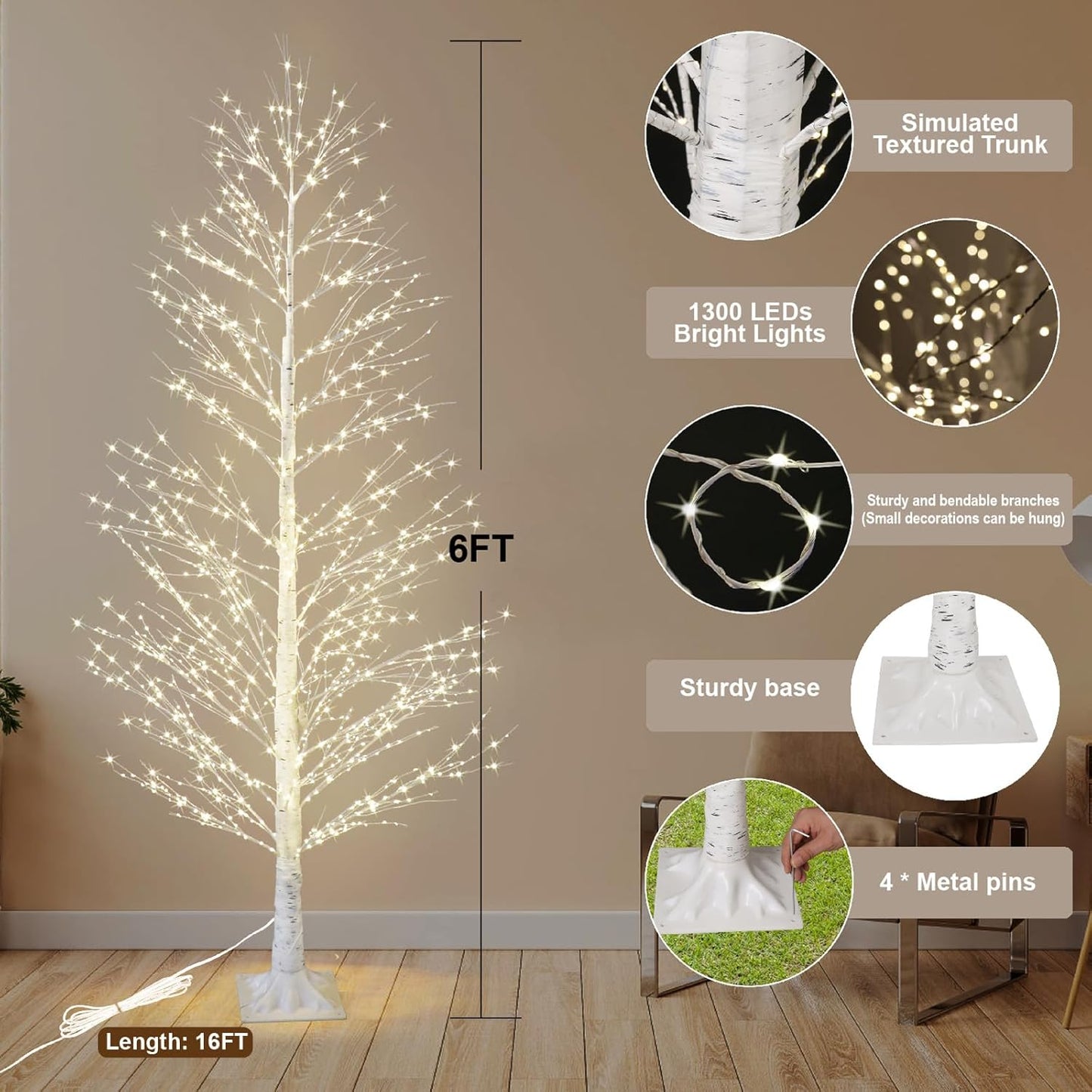 6FT Enchanting Birch Tree with 1300 LED Lights, Twinkle Light White Christmas Tree with Timer IP44 Waterproof for Indoor Outdoor Festival Wedding Party Christmas Decorations