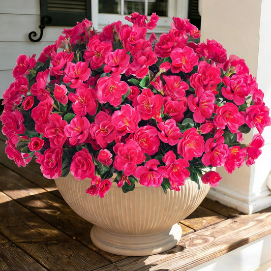 Artificial Fake Camellia Flowers Plants for Outdoor Outside Spring Decoration, Faux Silk Hotpink Camellias UV Resistant Look Real for Planter Porch Patio Garden Yard, 3 Large Bundles