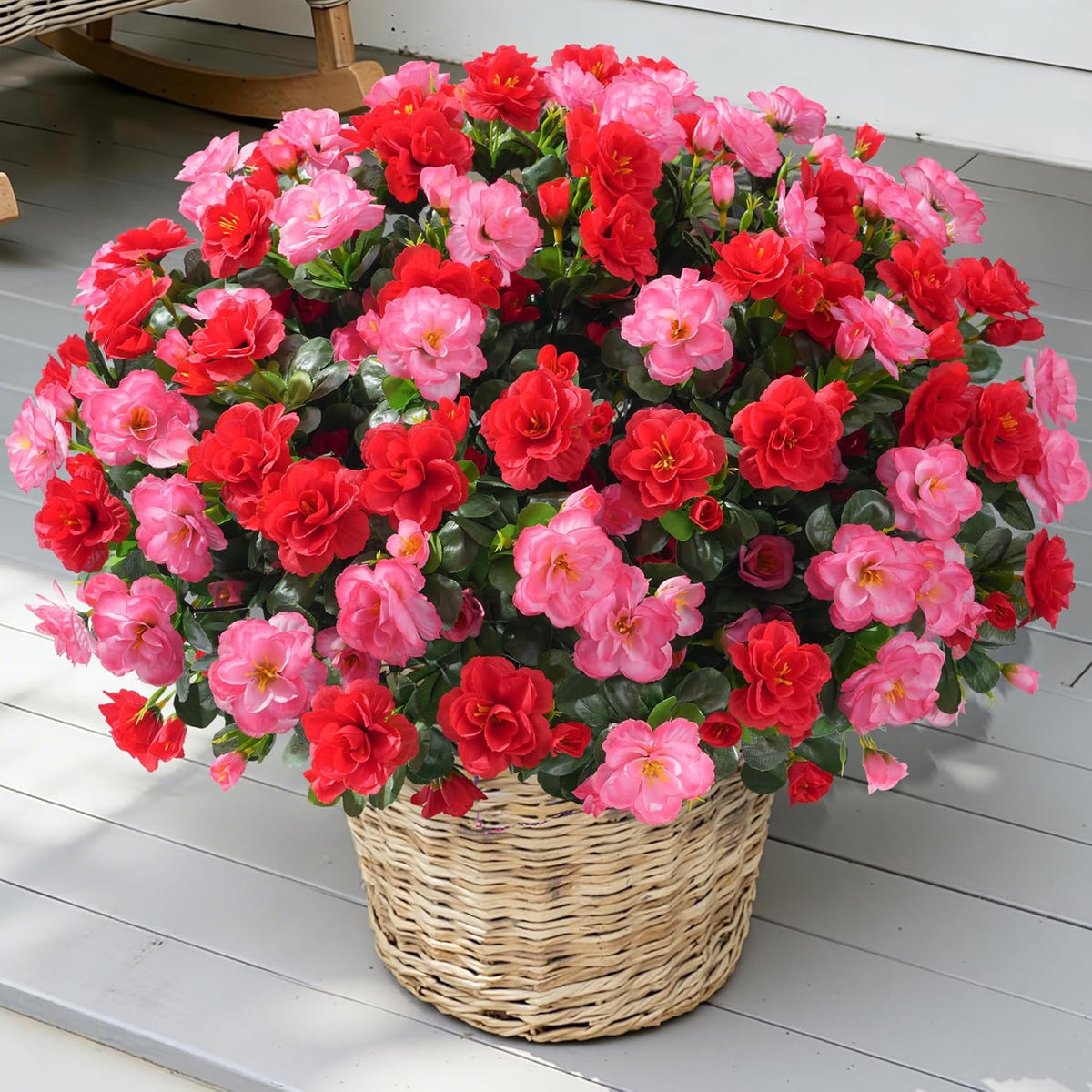 Artificial Fake Camellia Flowers Plants for Outdoor Outside Spring Decoration, Faux Silk Hotpink Camellias UV Resistant Look Real for Planter Porch Patio Garden Yard, 3 Large Bundles