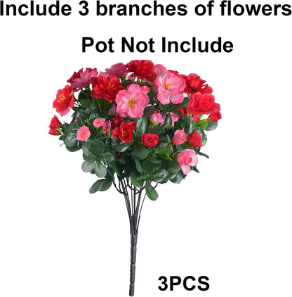 Artificial Fake Camellia Flowers Plants for Outdoor Outside Spring Decoration, Faux Silk Hotpink Camellias UV Resistant Look Real for Planter Porch Patio Garden Yard, 3 Large Bundles