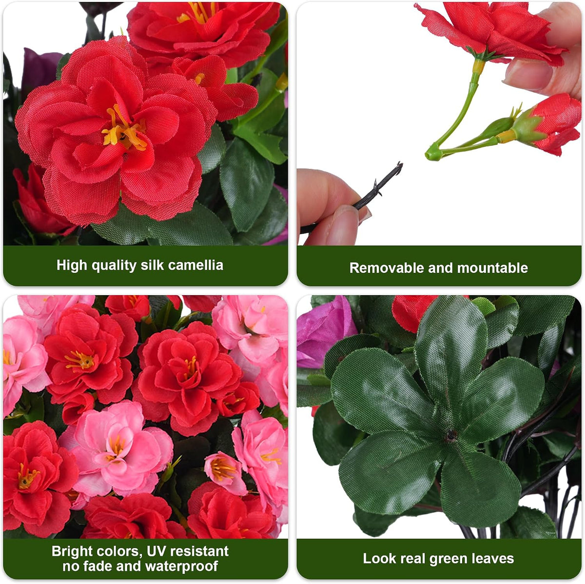 Artificial Fake Camellia Flowers Plants for Outdoor Outside Spring Decoration, Faux Silk Hotpink Camellias UV Resistant Look Real for Planter Porch Patio Garden Yard, 3 Large Bundles