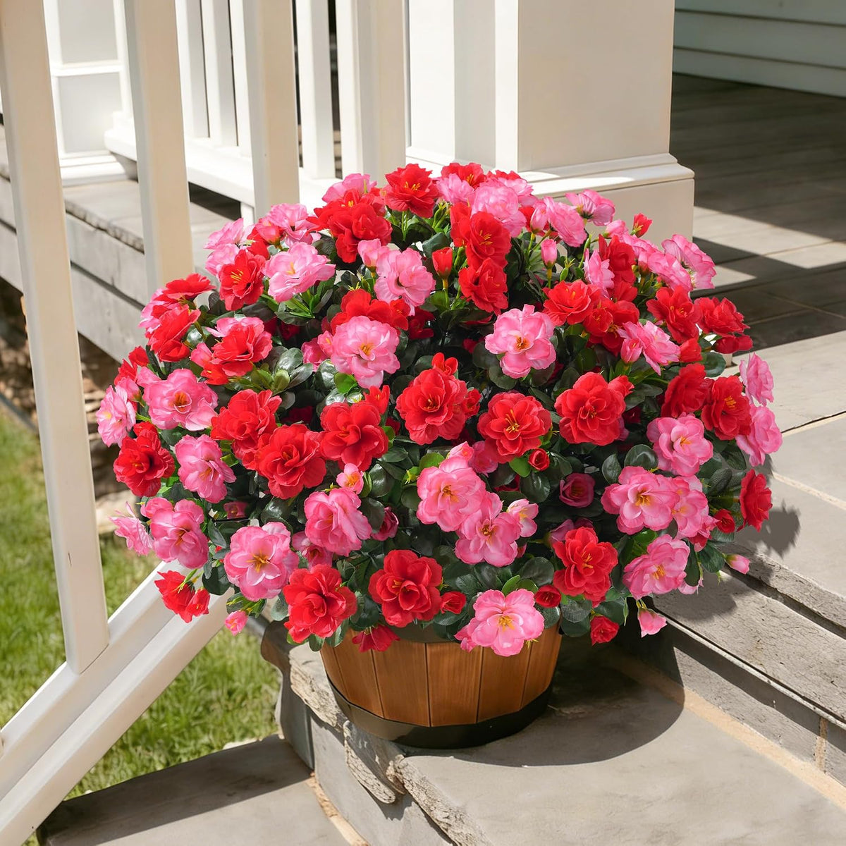 Artificial Fake Camellia Flowers Plants for Outdoor Outside Spring Decoration, Faux Silk Hotpink Camellias UV Resistant Look Real for Planter Porch Patio Garden Yard, 3 Large Bundles