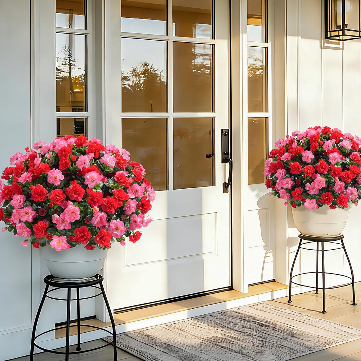 Artificial Fake Camellia Flowers Plants for Outdoor Outside Spring Decoration, Faux Silk Hotpink Camellias UV Resistant Look Real for Planter Porch Patio Garden Yard, 3 Large Bundles