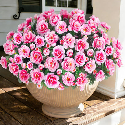 Artificial Fake Camellia Flowers Plants for Outdoor Outside Spring Decoration, Faux Silk Hotpink Camellias UV Resistant Look Real for Planter Porch Patio Garden Yard, 3 Large Bundles