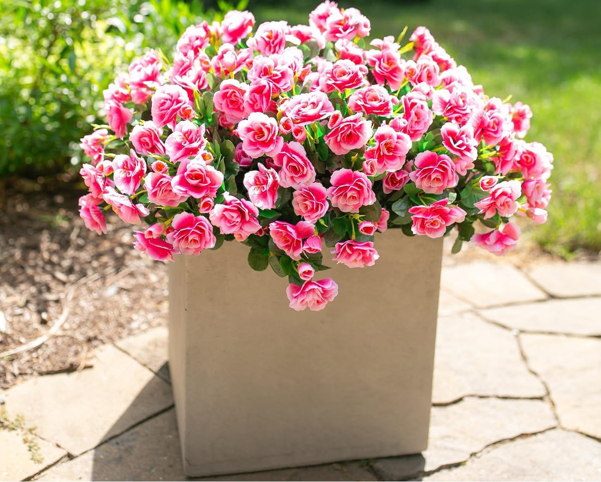 Artificial Fake Camellia Flowers Plants for Outdoor Outside Spring Decoration, Faux Silk Hotpink Camellias UV Resistant Look Real for Planter Porch Patio Garden Yard, 3 Large Bundles