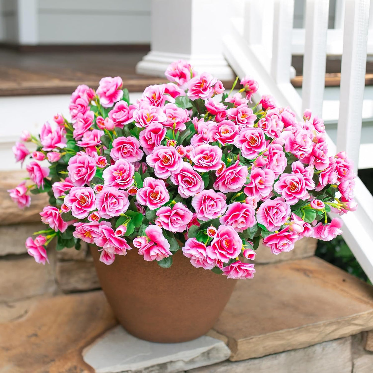 Artificial Fake Camellia Flowers Plants for Outdoor Outside Spring Decoration, Faux Silk Hotpink Camellias UV Resistant Look Real for Planter Porch Patio Garden Yard, 3 Large Bundles