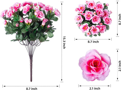 Artificial Fake Camellia Flowers Plants for Outdoor Outside Spring Decoration, Faux Silk Hotpink Camellias UV Resistant Look Real for Planter Porch Patio Garden Yard, 3 Large Bundles