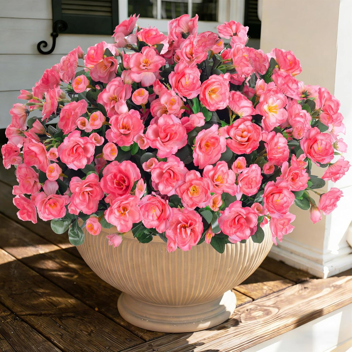 Artificial Fake Camellia Flowers Plants for Outdoor Outside Spring Decoration, Faux Silk Hotpink Camellias UV Resistant Look Real for Planter Porch Patio Garden Yard, 3 Large Bundles