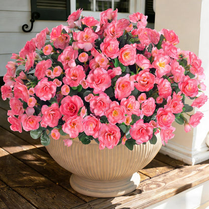 Artificial Fake Camellia Flowers Plants for Outdoor Outside Spring Decoration, Faux Silk Hotpink Camellias UV Resistant Look Real for Planter Porch Patio Garden Yard, 3 Large Bundles