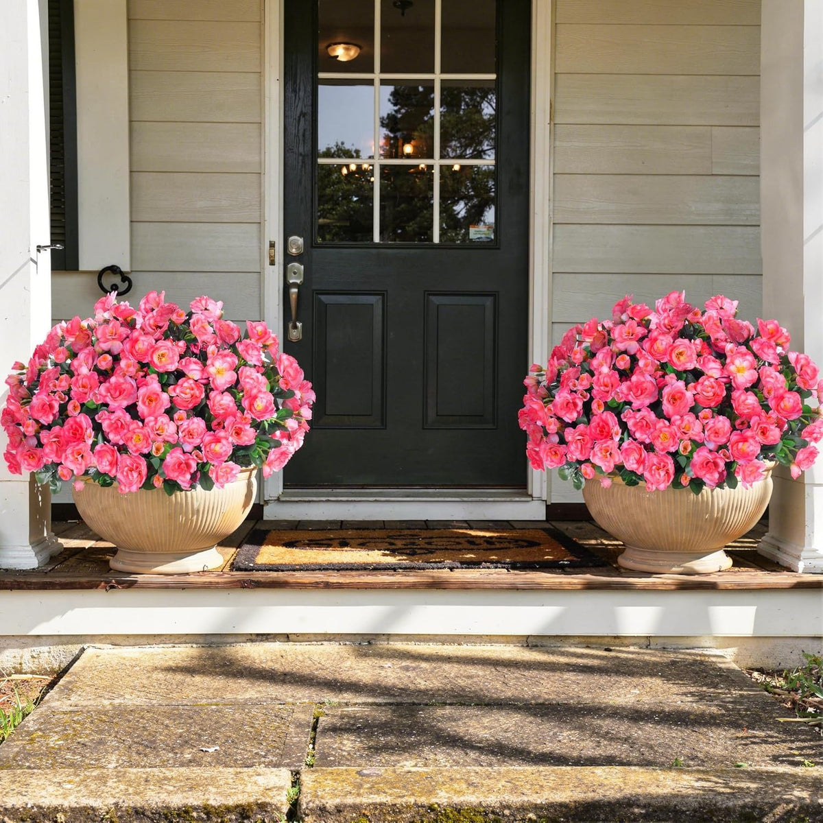 Artificial Fake Camellia Flowers Plants for Outdoor Outside Spring Decoration, Faux Silk Hotpink Camellias UV Resistant Look Real for Planter Porch Patio Garden Yard, 3 Large Bundles
