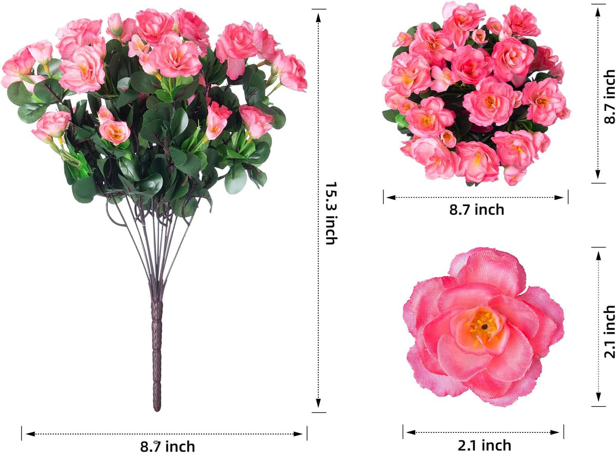 Artificial Fake Camellia Flowers Plants for Outdoor Outside Spring Decoration, Faux Silk Hotpink Camellias UV Resistant Look Real for Planter Porch Patio Garden Yard, 3 Large Bundles