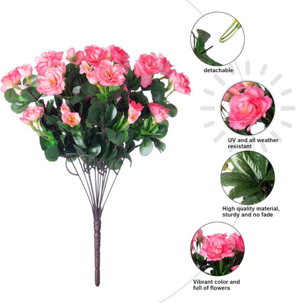 Artificial Fake Camellia Flowers Plants for Outdoor Outside Spring Decoration, Faux Silk Hotpink Camellias UV Resistant Look Real for Planter Porch Patio Garden Yard, 3 Large Bundles