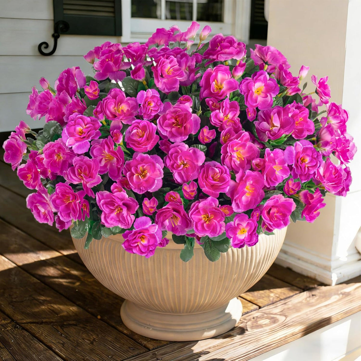 Artificial Fake Camellia Flowers Plants for Outdoor Outside Spring Decoration, Faux Silk Hotpink Camellias UV Resistant Look Real for Planter Porch Patio Garden Yard, 3 Large Bundles