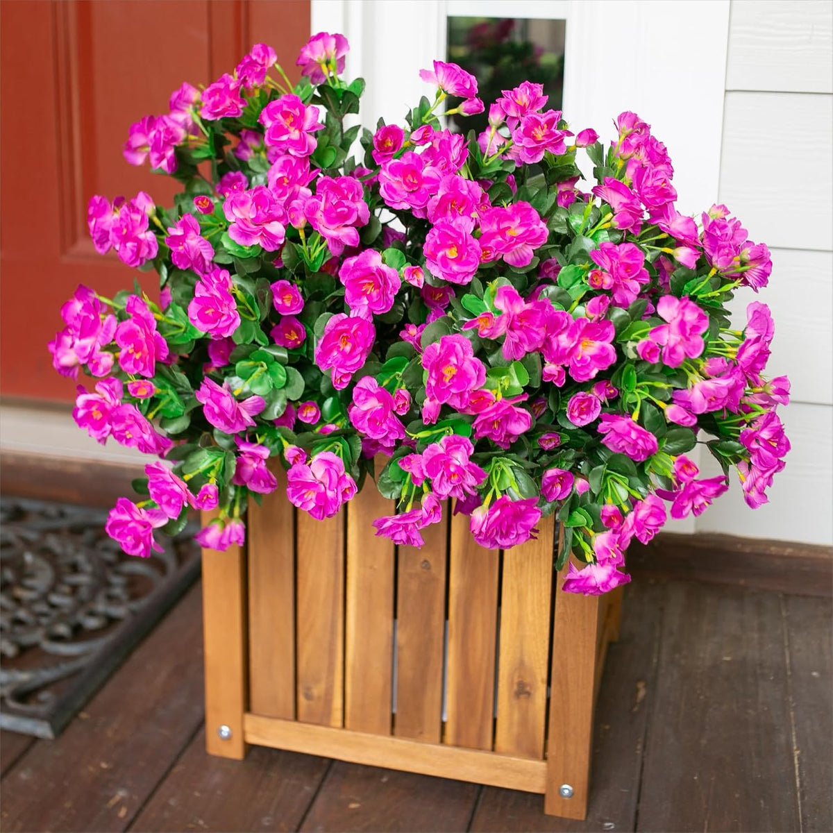 Artificial Fake Camellia Flowers Plants for Outdoor Outside Spring Decoration, Faux Silk Hotpink Camellias UV Resistant Look Real for Planter Porch Patio Garden Yard, 3 Large Bundles