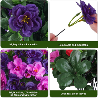 Artificial Fake Camellia Flowers Plants for Outdoor Outside Spring Decoration, Faux Silk Hotpink Camellias UV Resistant Look Real for Planter Porch Patio Garden Yard, 3 Large Bundles