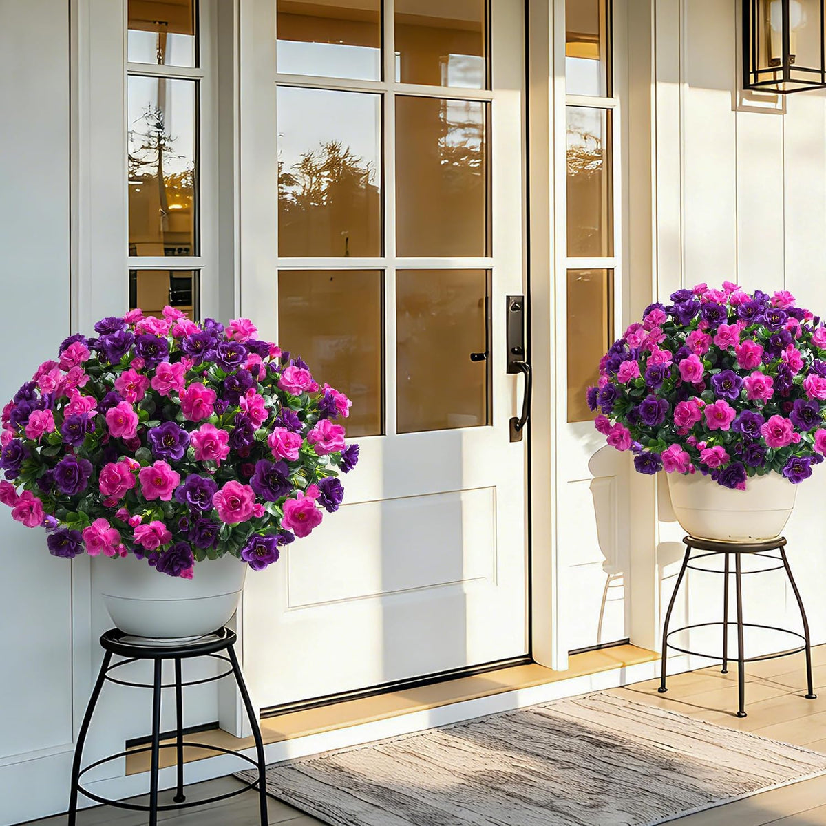 Artificial Fake Camellia Flowers Plants for Outdoor Outside Spring Decoration, Faux Silk Hotpink Camellias UV Resistant Look Real for Planter Porch Patio Garden Yard, 3 Large Bundles