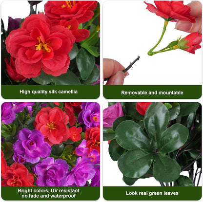 Artificial Fake Camellia Flowers Plants for Outdoor Outside Spring Decoration, Faux Silk Hotpink Camellias UV Resistant Look Real for Planter Porch Patio Garden Yard, 3 Large Bundles