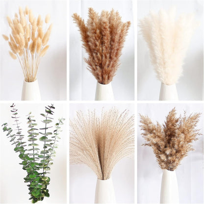 of Boho Pampas Grass Decor, Naturally Dried Pompas, Bunny Tails Dried Flowers, and dried eucalyptus. Perfect for Weddings, Boho Party Decorations, and Table Decor.