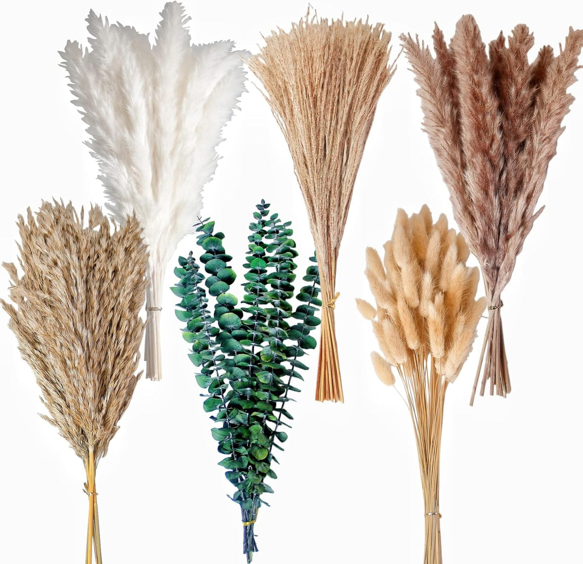 of Boho Pampas Grass Decor, Naturally Dried Pompas, Bunny Tails Dried Flowers, and dried eucalyptus. Perfect for Weddings, Boho Party Decorations, and Table Decor.