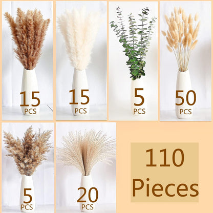 of Boho Pampas Grass Decor, Naturally Dried Pompas, Bunny Tails Dried Flowers, and dried eucalyptus. Perfect for Weddings, Boho Party Decorations, and Table Decor.