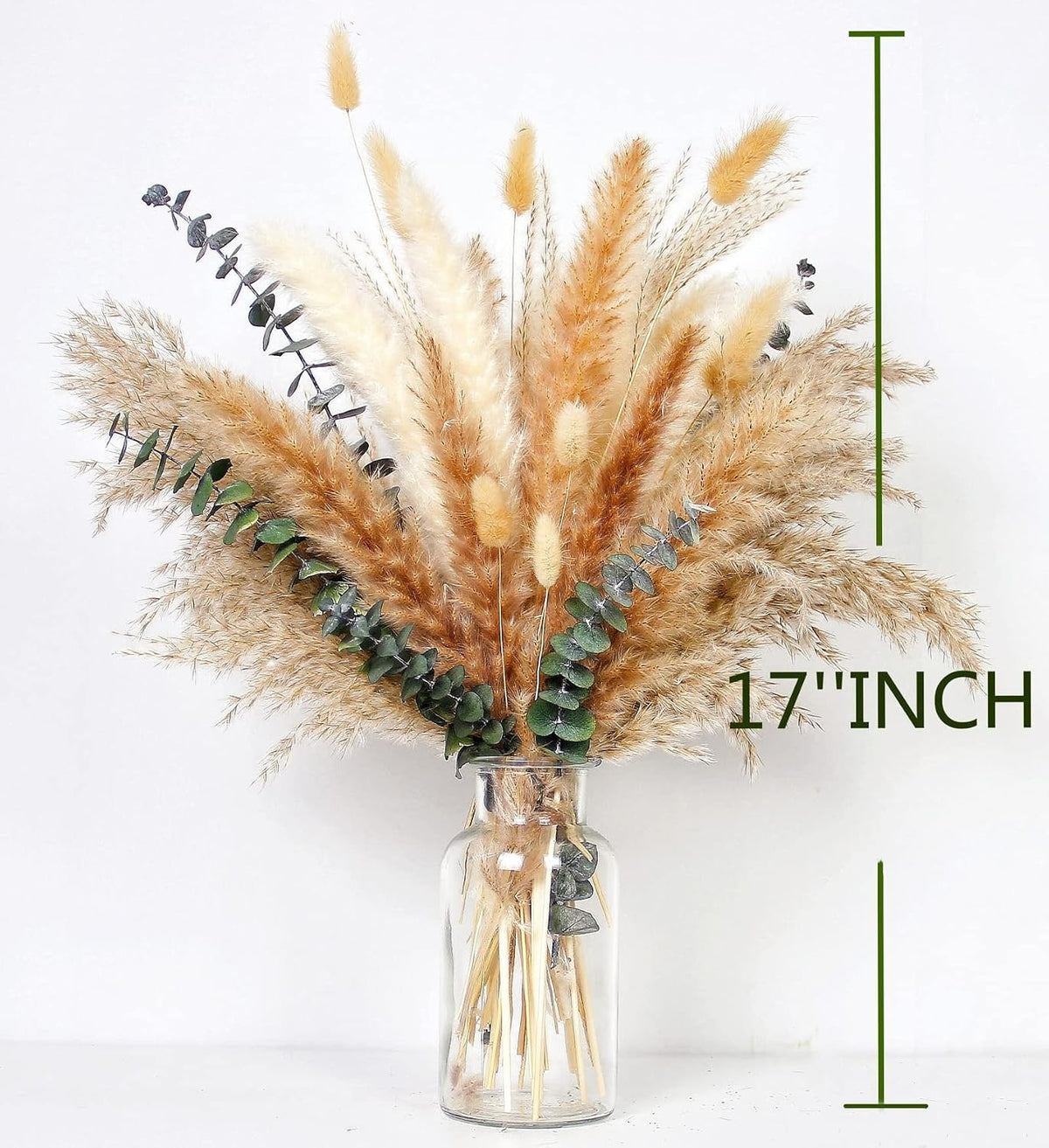of Boho Pampas Grass Decor, Naturally Dried Pompas, Bunny Tails Dried Flowers, and dried eucalyptus. Perfect for Weddings, Boho Party Decorations, and Table Decor.