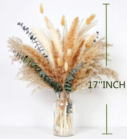 of Boho Pampas Grass Decor, Naturally Dried Pompas, Bunny Tails Dried Flowers, and dried eucalyptus. Perfect for Weddings, Boho Party Decorations, and Table Decor.